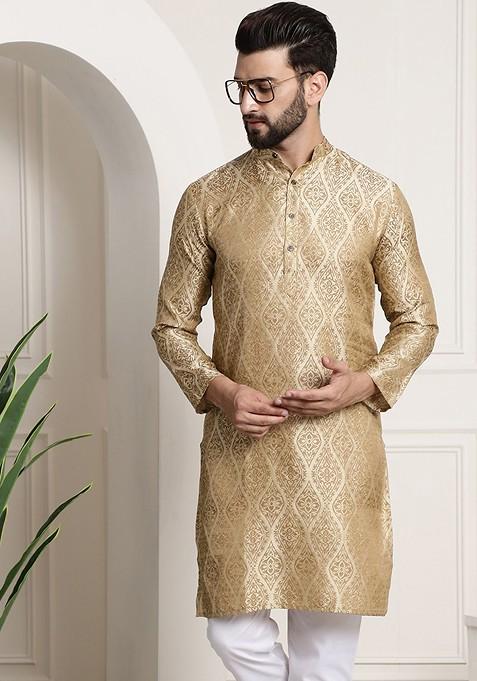 Beige Ethnic Motifs Jacquard Kurta For Men