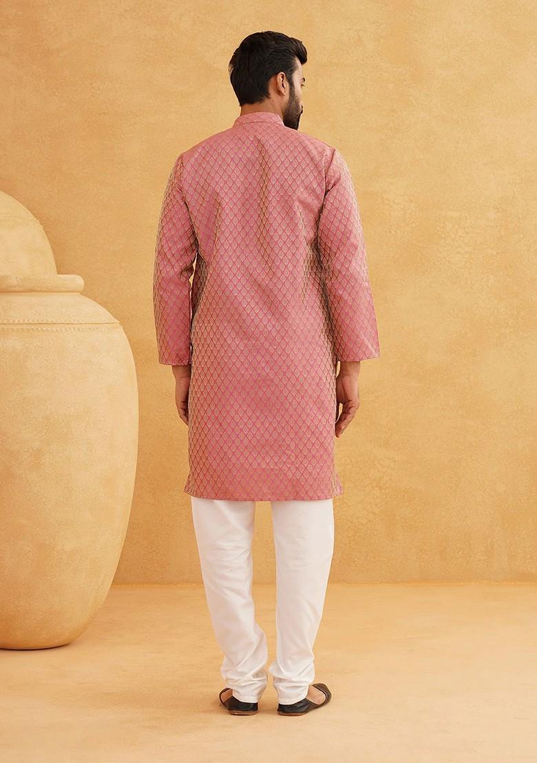 Pink Ethnic Motifs Jacquard Kurta For Men