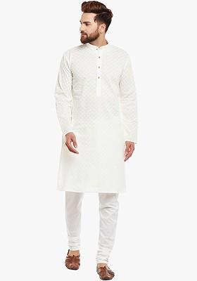 Off White Embroidered Poly Blend Kurta For Men