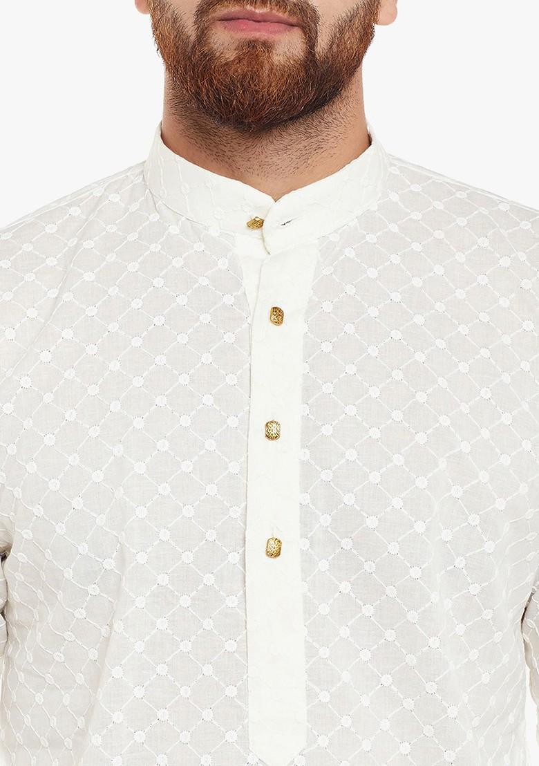 Off White Embroidered Poly Blend Kurta For Men