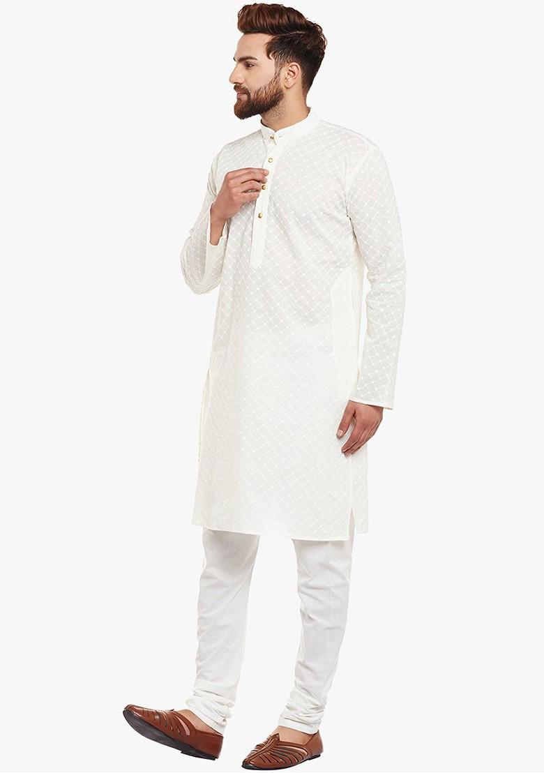 Off White Embroidered Poly Blend Kurta For Men