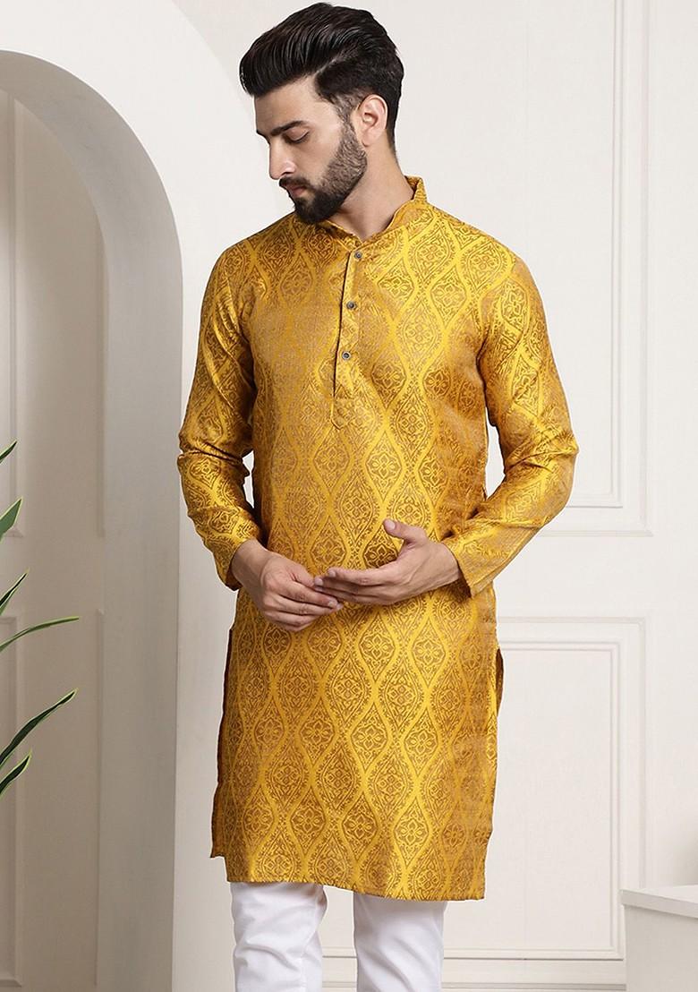 Mustard Ethnic Motifs Jacquard Kurta For Men
