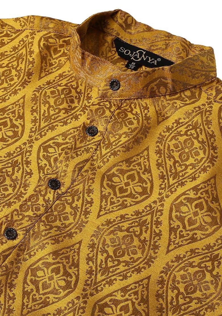 Mustard Ethnic Motifs Jacquard Kurta For Men