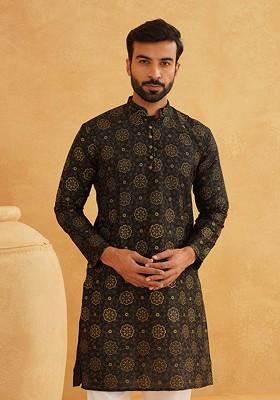 Black Ethnic Motifs Poly Blend Kurta For Men