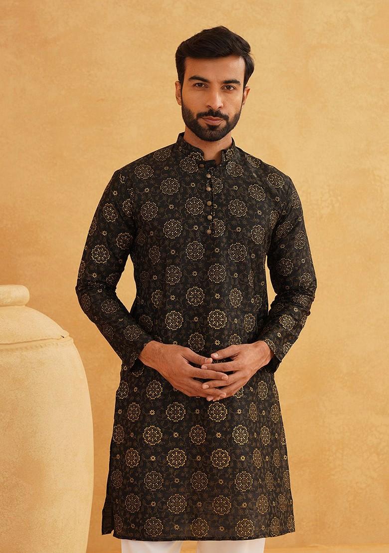 Black Ethnic Motifs Poly Blend Kurta For Men