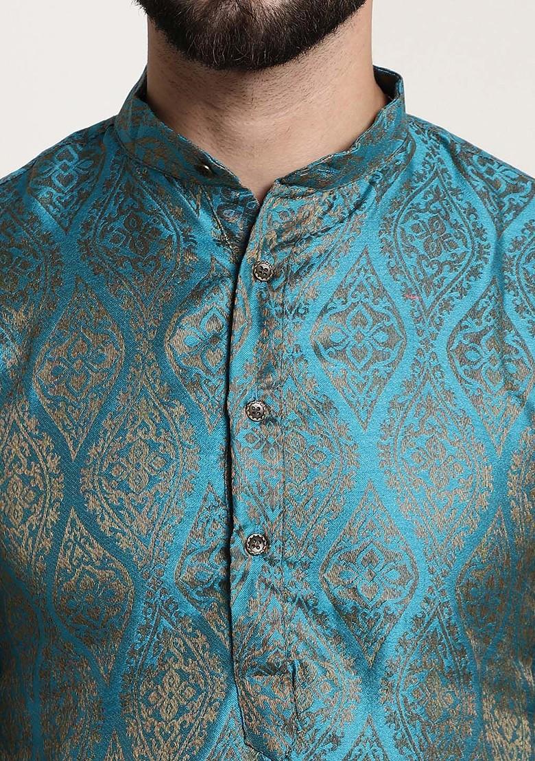 Teal Blue Ethnic Motifs Jacquard Kurta For Men