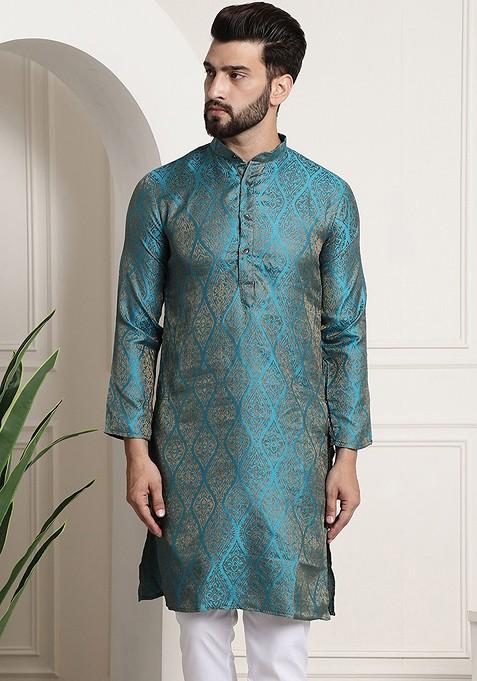 Teal Blue Ethnic Motifs Jacquard Kurta For Men