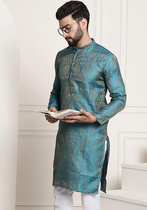 Teal Blue Ethnic Motifs Jacquard Kurta For Men