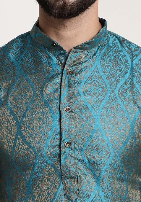 Teal Blue Ethnic Motifs Jacquard Kurta For Men