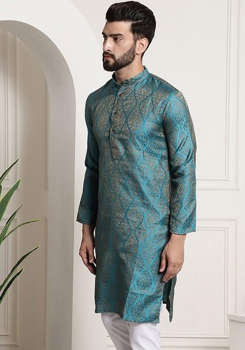 Teal Blue Ethnic Motifs Jacquard Kurta For Men