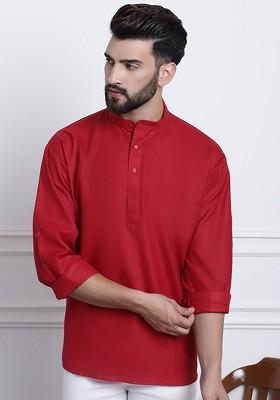 Red Solid Poly Blend Kurta For Men