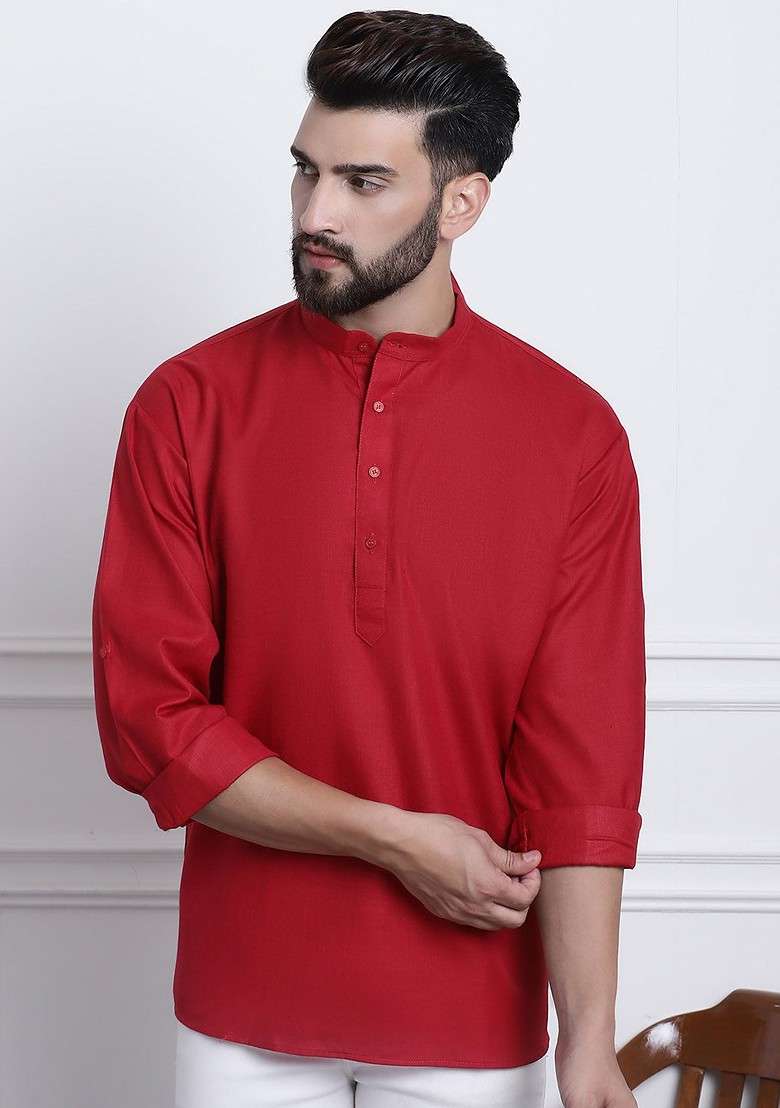 Red Solid Poly Blend Kurta For Men - Indya
