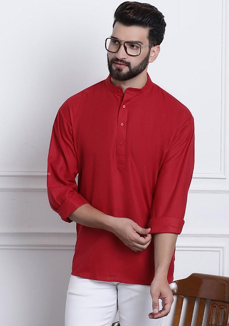 Red Solid Poly Blend Kurta For Men