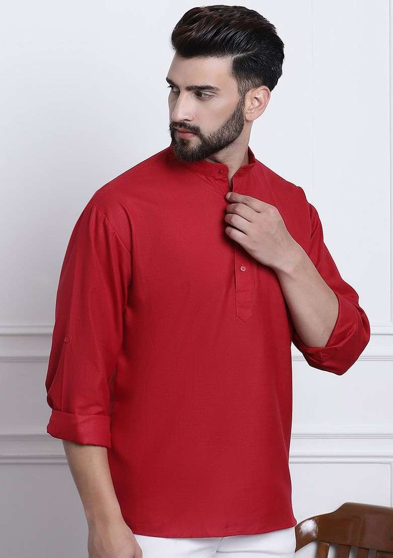 Red Solid Poly Blend Kurta For Men - Indya