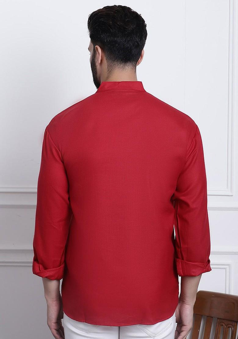 Red Solid Poly Blend Kurta For Men