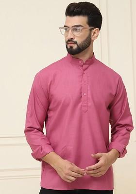 Pink Solid Poly Blend Kurta For Men