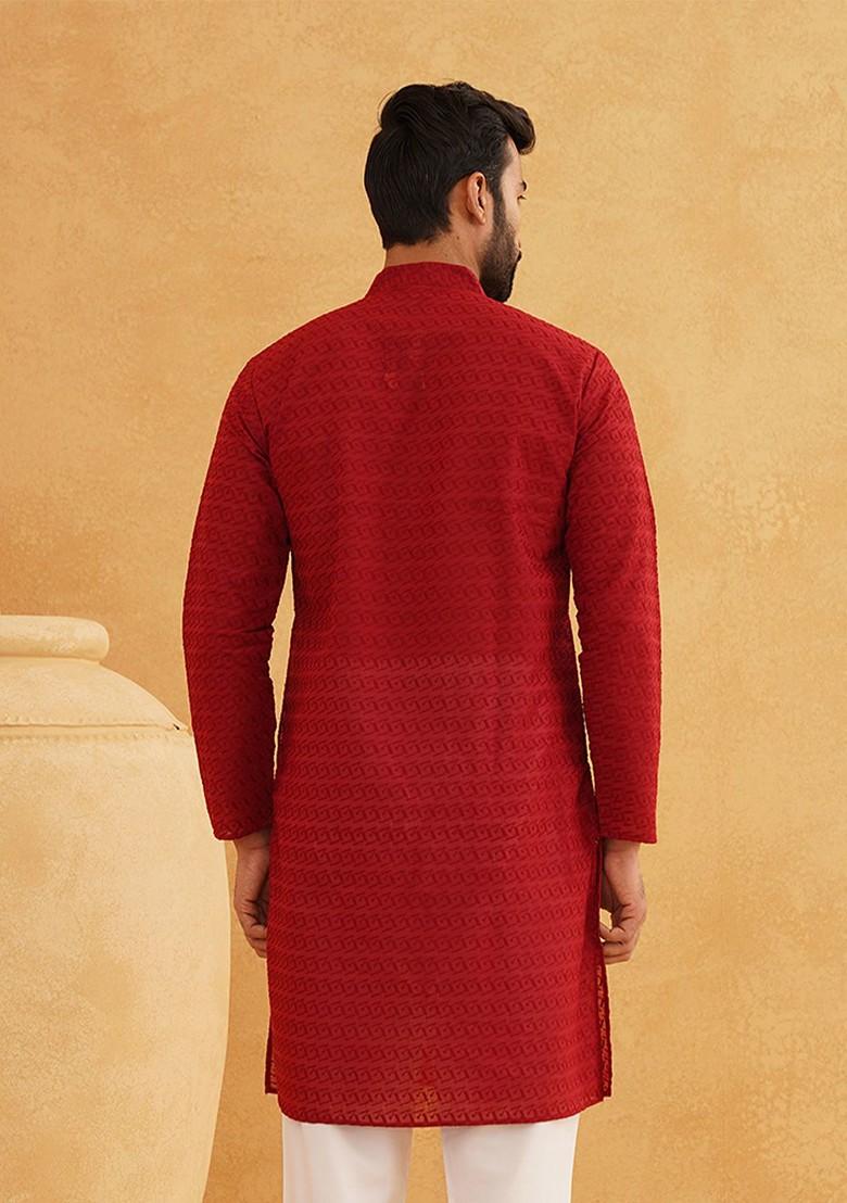 Maroon Embroidered Cotton Kurta For Men