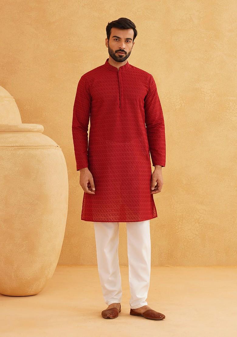 Maroon Embroidered Cotton Kurta For Men