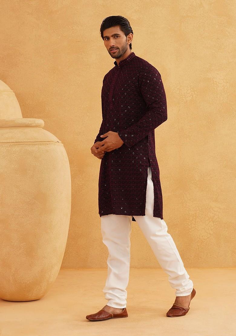 Purple Embroidered Cotton Kurta For Men