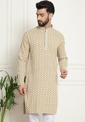 Beige Embroidered Cotton Kurta For Men