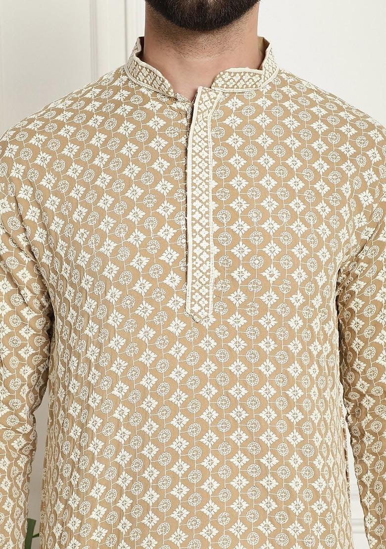 Beige Embroidered Cotton Kurta For Men