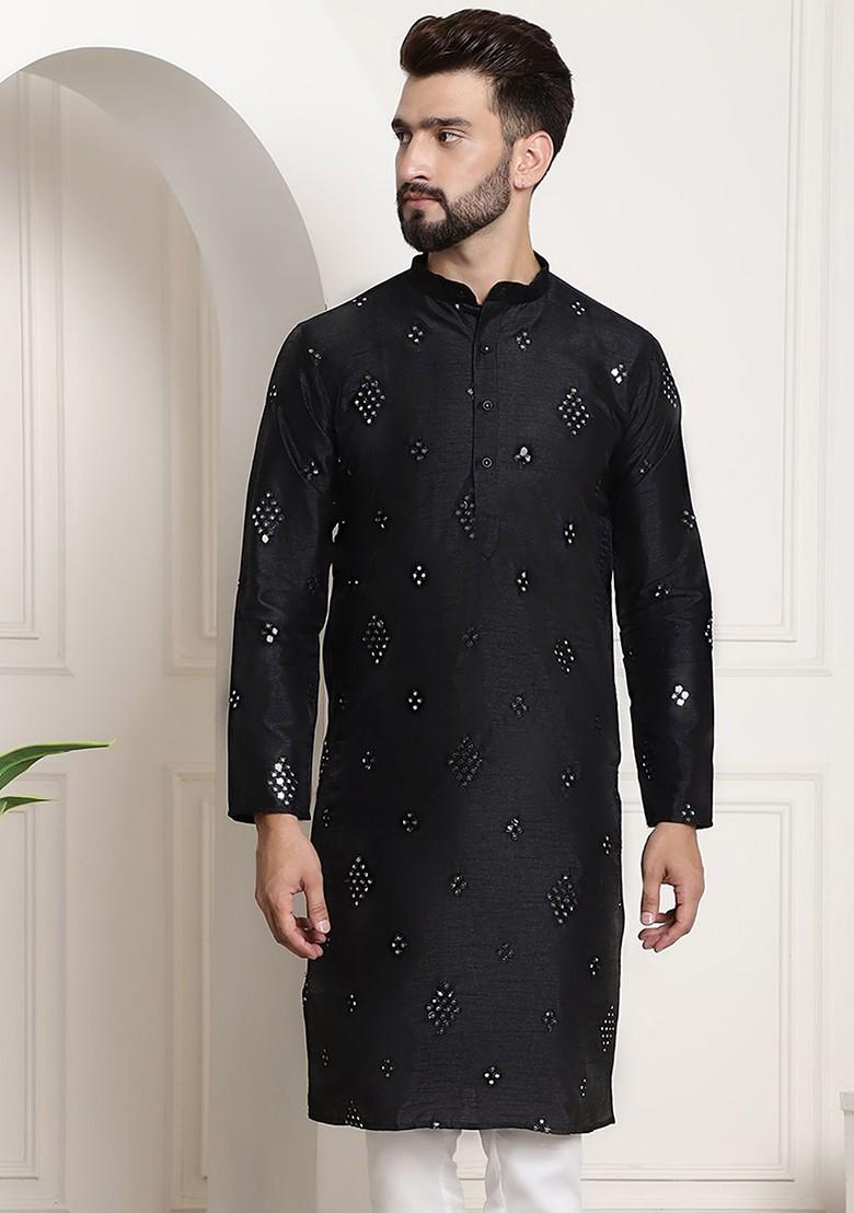 Black Mirror Work Poly Blend Kurta For Men