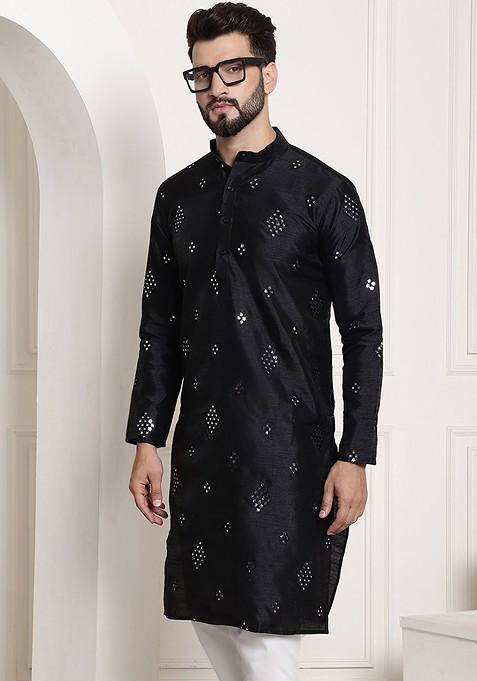 Black Mirror Work Poly Blend Kurta For Men