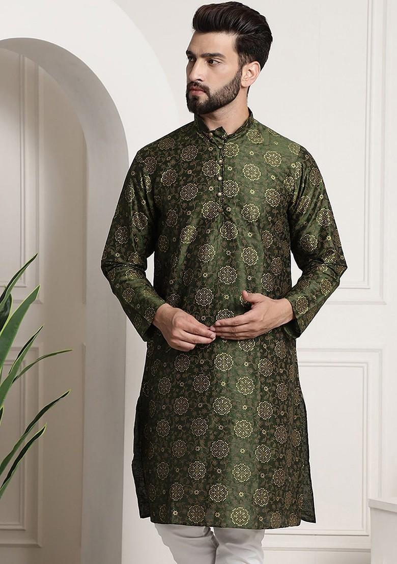 Green Printed Poly Blend Kurta For Men