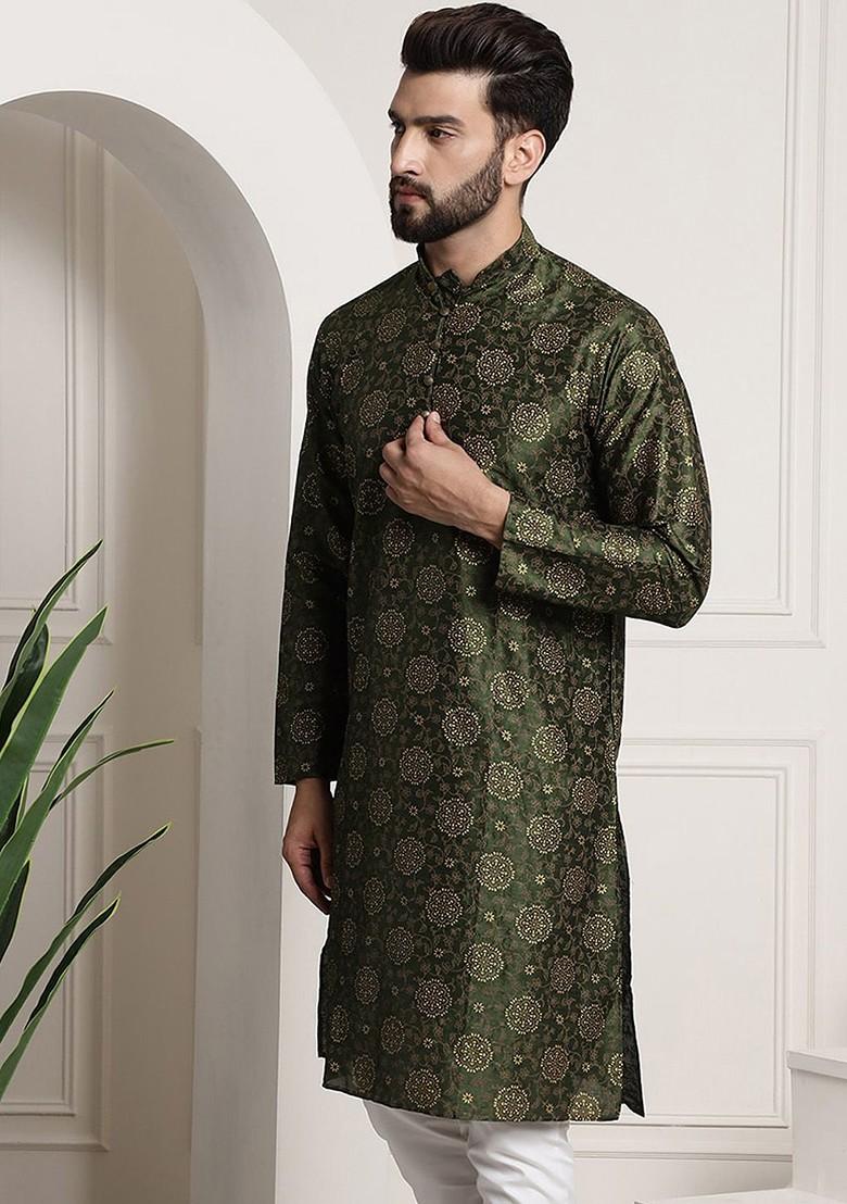 Green Printed Poly Blend Kurta For Men