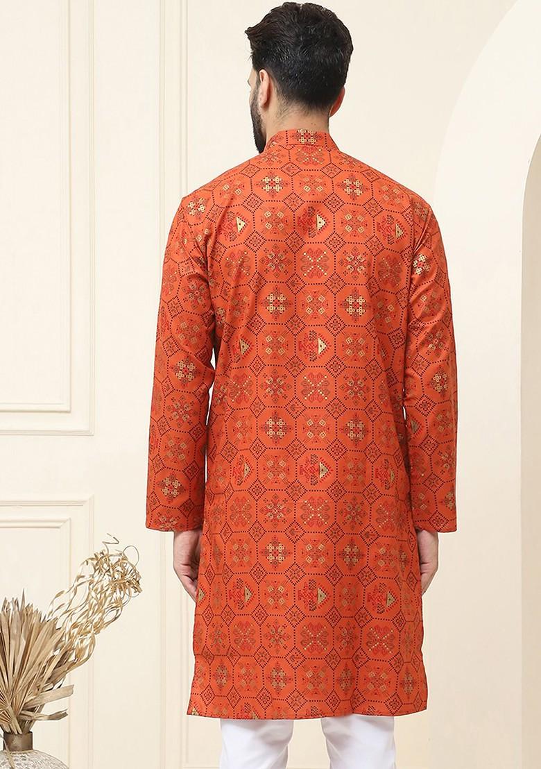 Orange Ethnic Motifs Cotton Kurta For Men