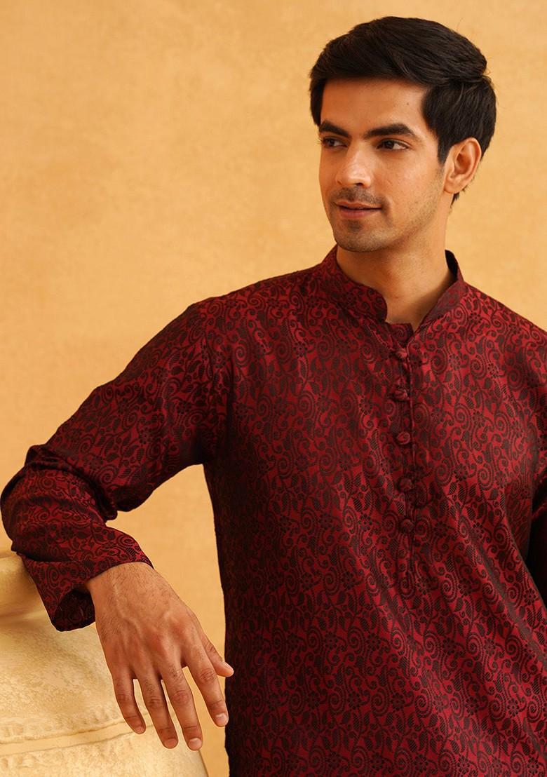 Maroon Ethnic Motifs Poly Blend Kurta For Men