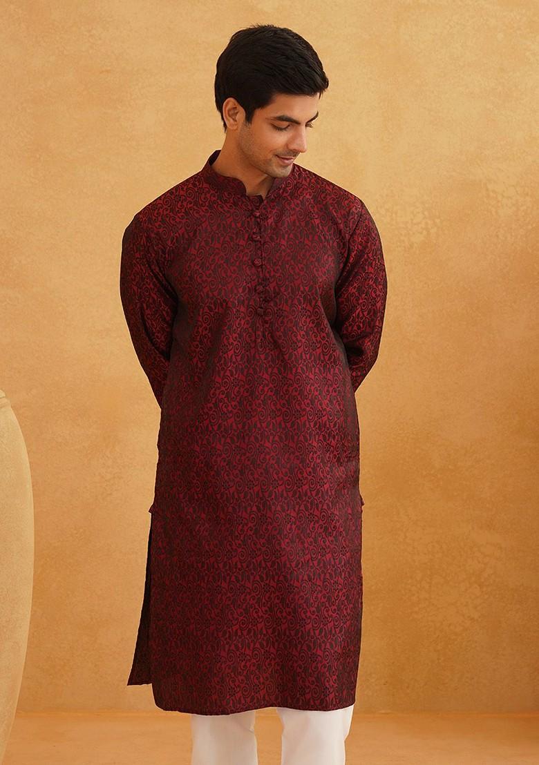 Maroon Ethnic Motifs Poly Blend Kurta For Men