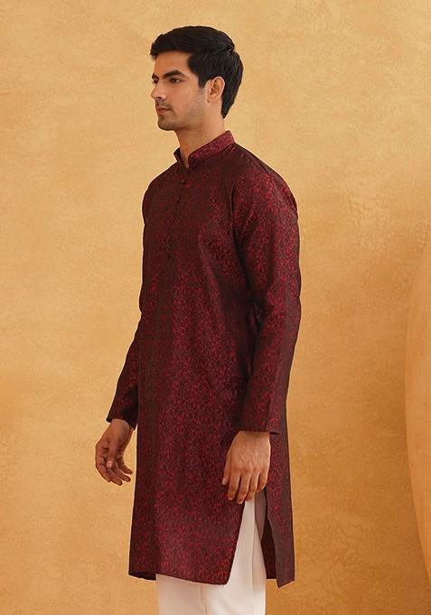 Maroon Ethnic Motifs Poly Blend Kurta For Men