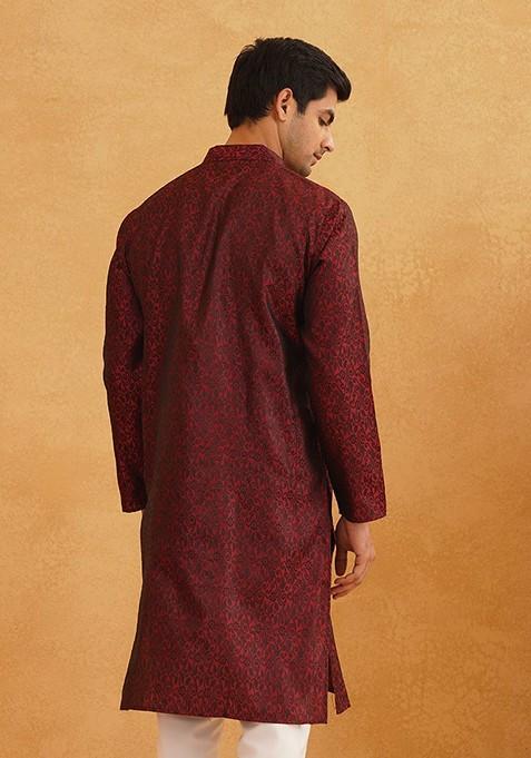 Maroon Ethnic Motifs Poly Blend Kurta For Men