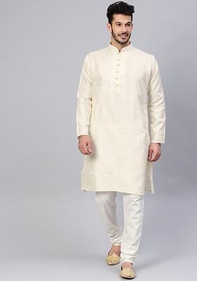 Cream Ethnic Motifs Poly Blend Kurta For Men