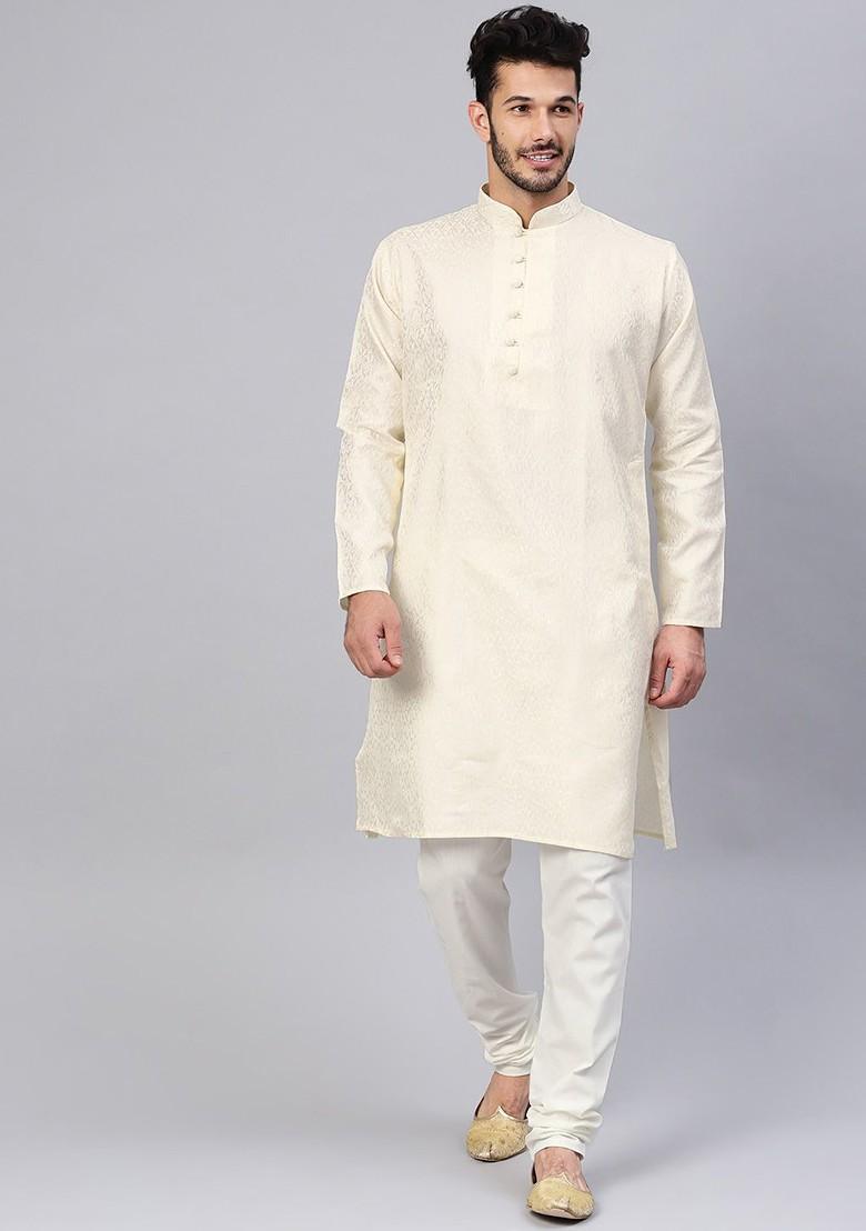 Cream Ethnic Motifs Poly Blend Kurta For Men
