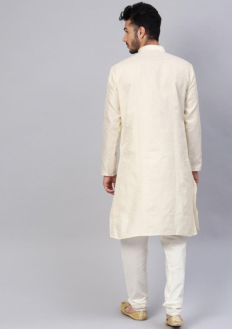Cream Ethnic Motifs Poly Blend Kurta For Men