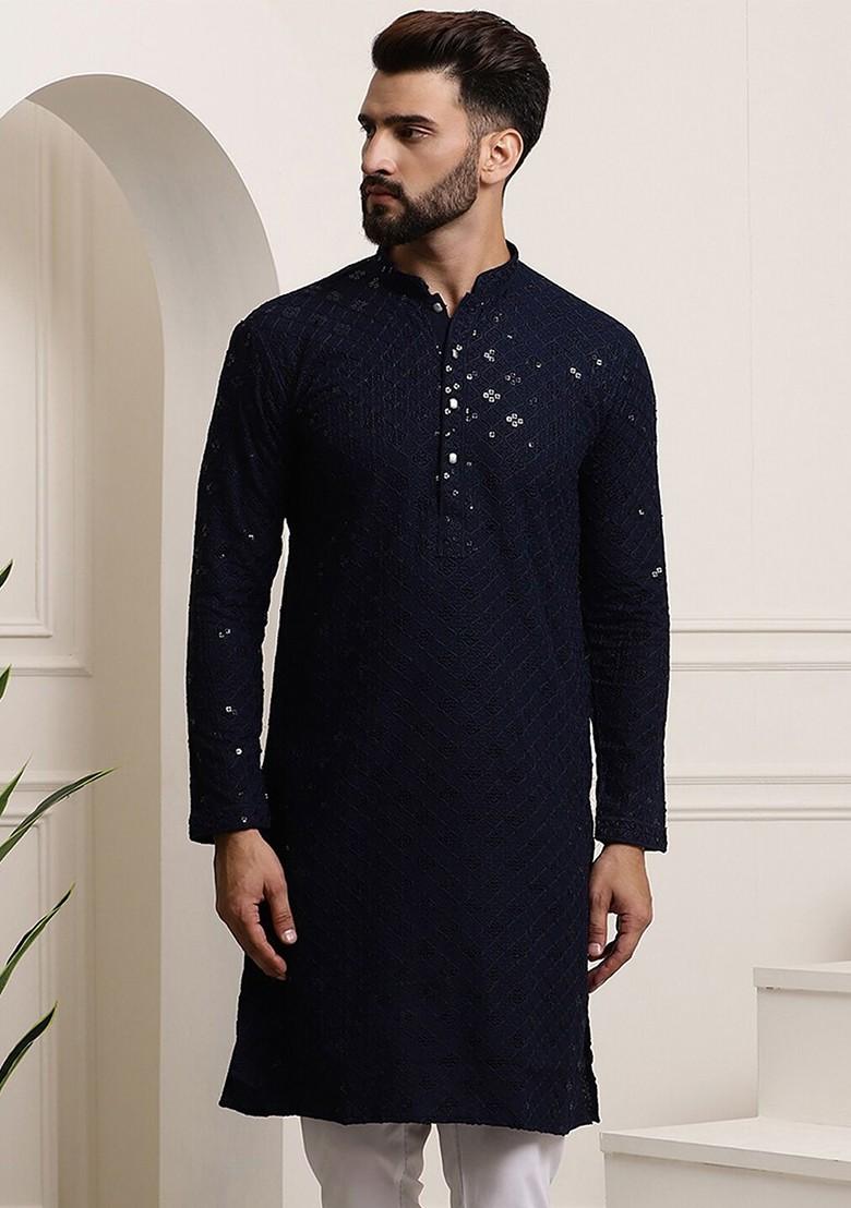 Navy Blue Embroidered Cotton Kurta For Men