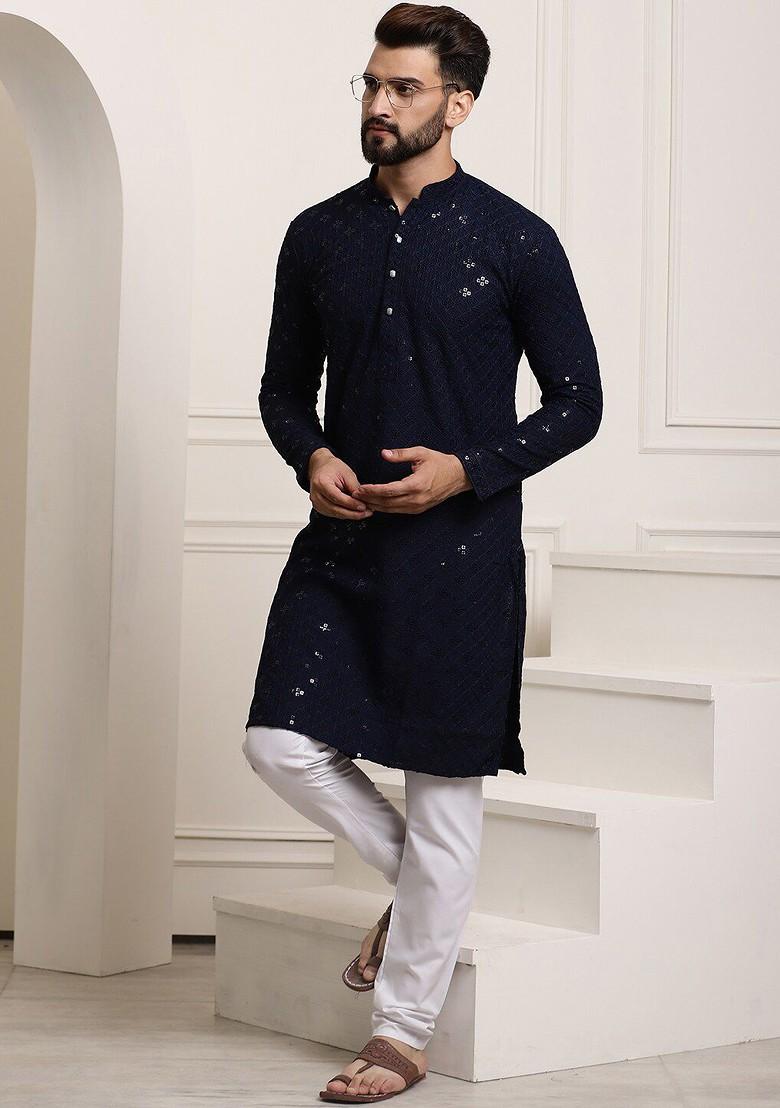 Navy Blue Embroidered Cotton Kurta For Men