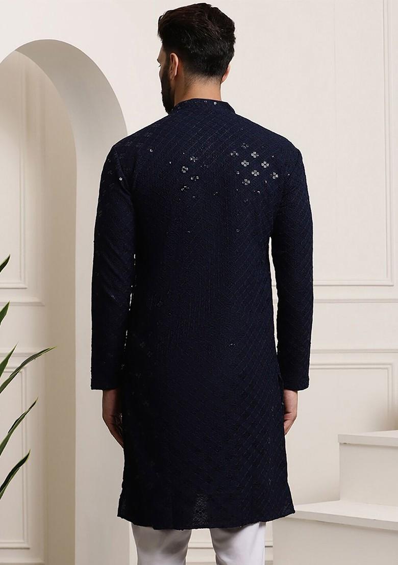 Navy Blue Embroidered Cotton Kurta For Men