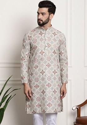 Cream Ethnic Motifs Cotton Kurta For Men