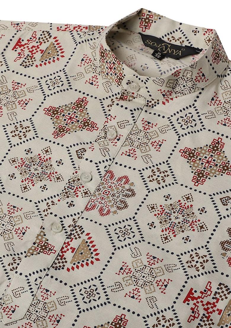 Cream Ethnic Motifs Cotton Kurta For Men