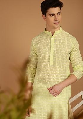 Green Embroidered Cotton Kurta For Men