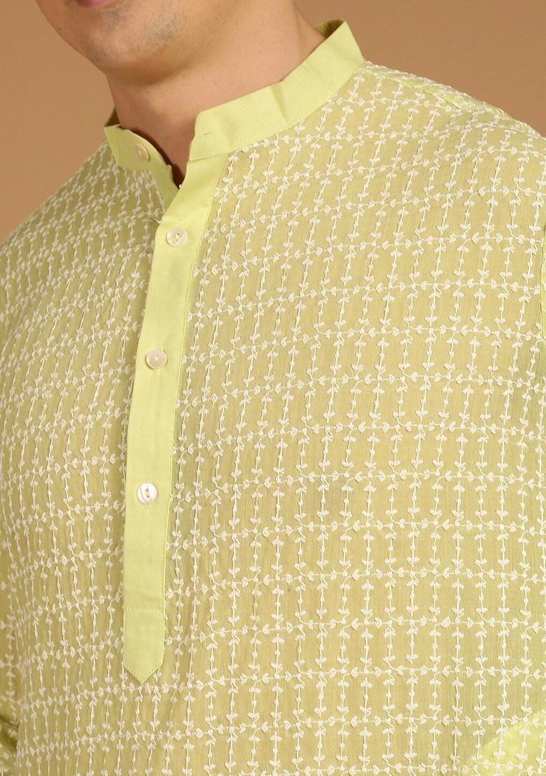 Green Embroidered Cotton Kurta For Men