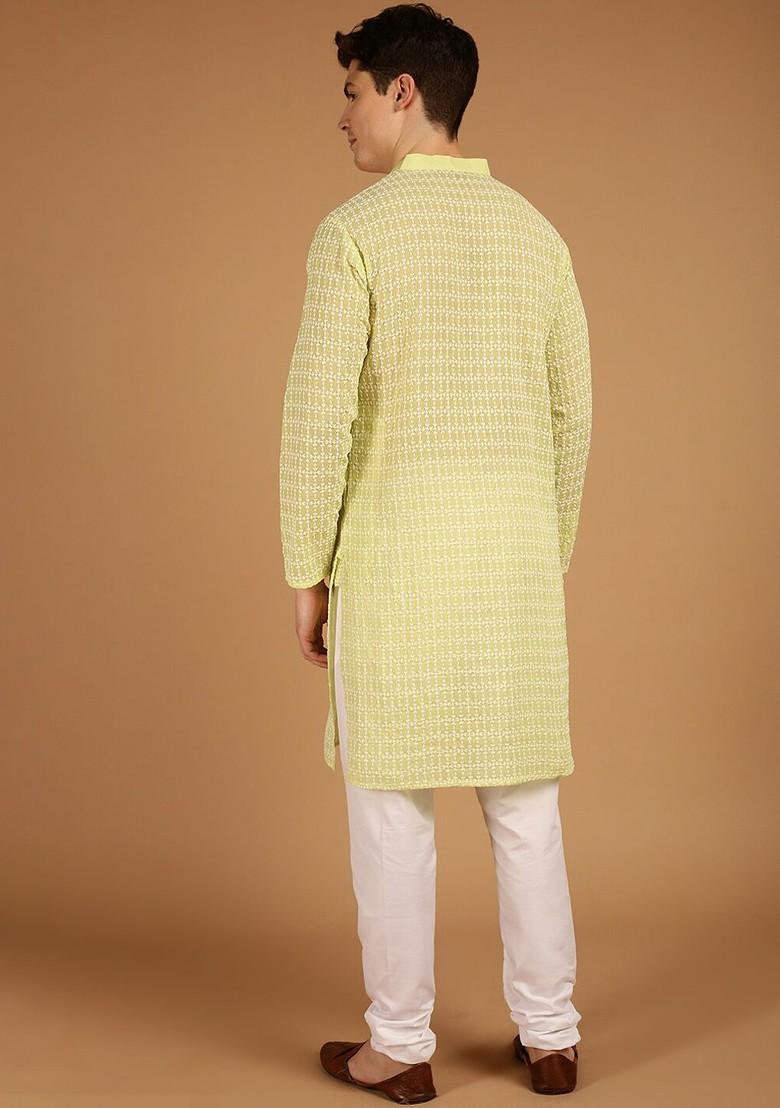Green Embroidered Cotton Kurta For Men