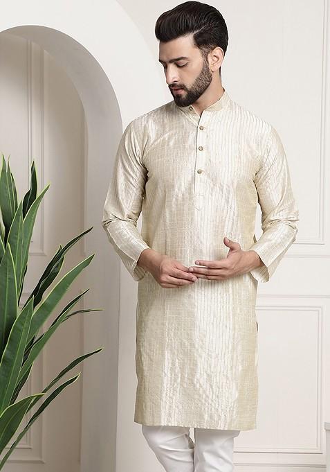 Off White Striped Poly Blend Kurta For Men — view on Indya