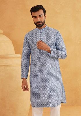 Blue Ethnic Motifs Cotton Kurta For Men