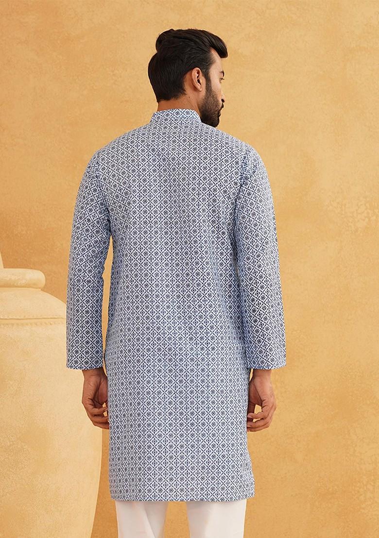 Blue Ethnic Motifs Cotton Kurta For Men