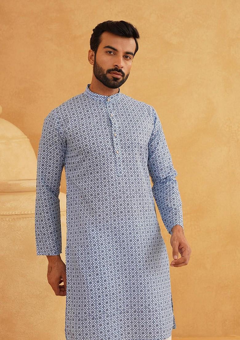 Blue Ethnic Motifs Cotton Kurta For Men