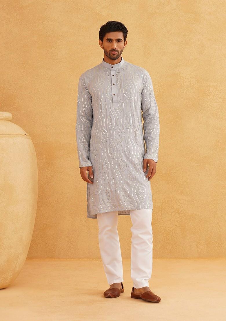 Grey Striped Poly Blend Kurta For Men